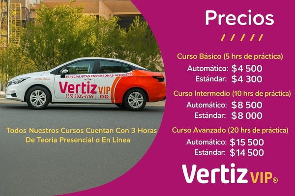 Un promocional con los tipos de cursos que ofrecemos y los precios de la escuela de manejo de carro estándar o automático